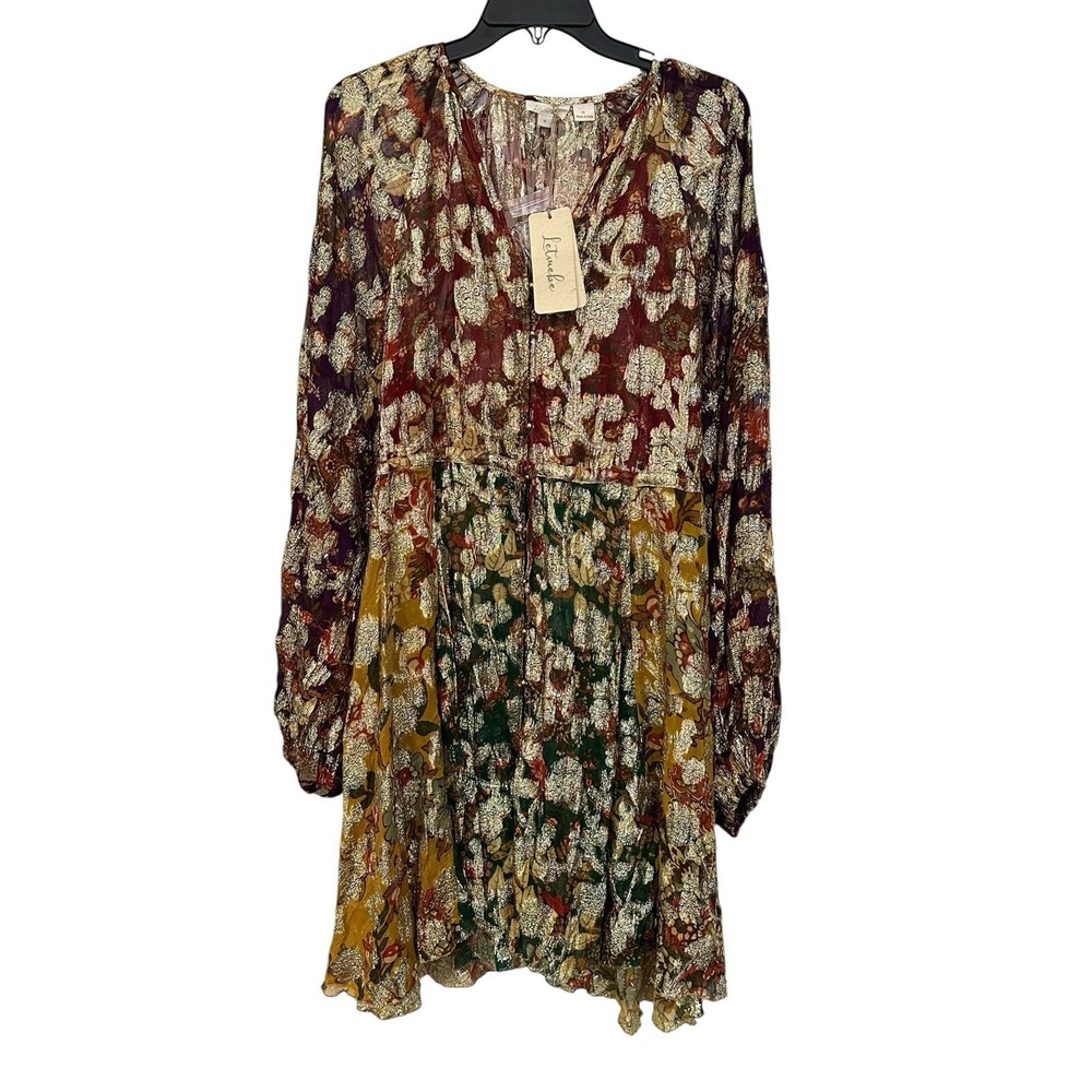 Anthropologie Let Me Be Dress Medium Gold Rainbow Floral Boho Long Sleeve AB14-1 - Picture 7 of 13
